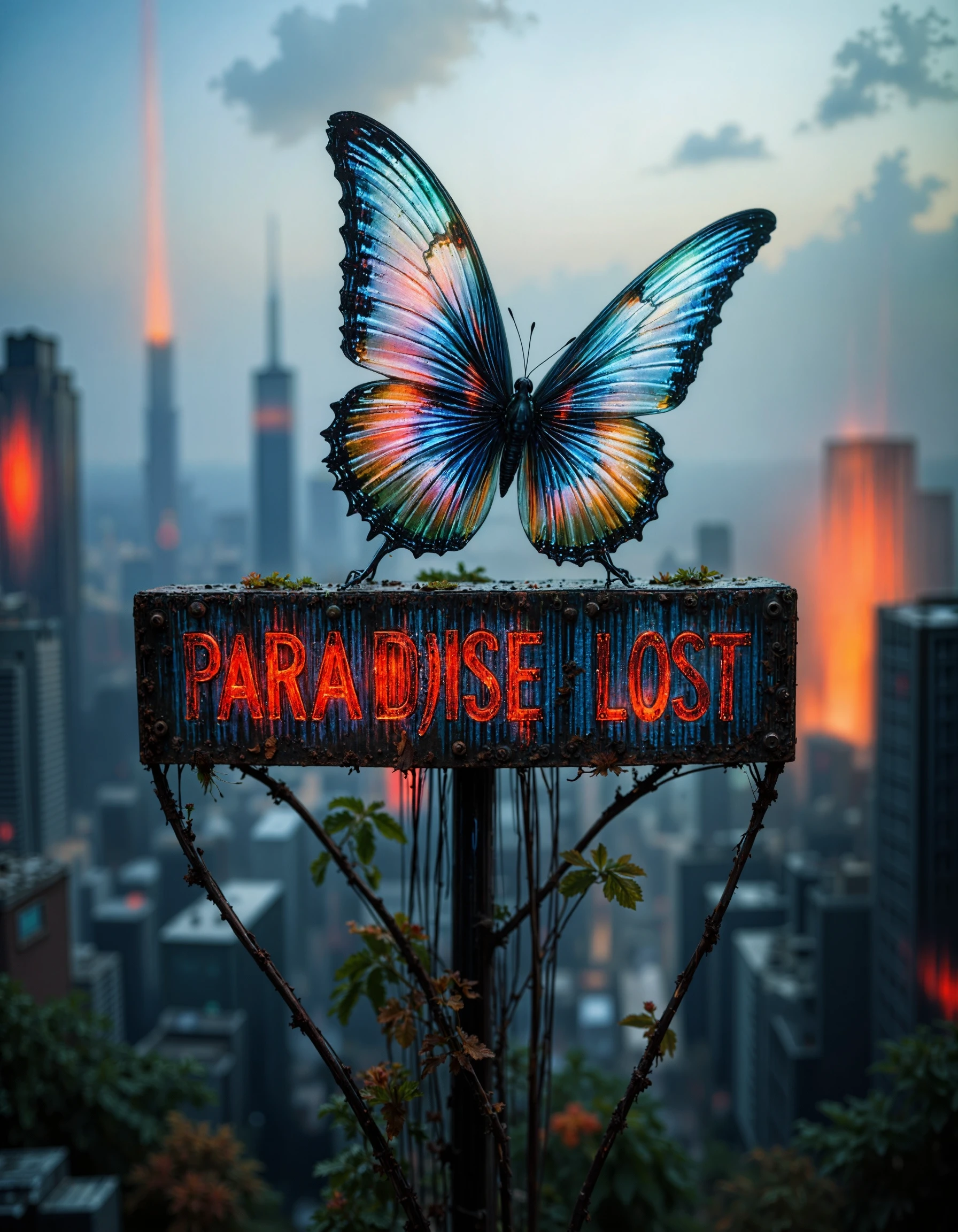 A cybernetic butterfly landing on a rusted sign that reads "Paradise Lost," its wings glowing with iridescent light as the city burns in the distance.