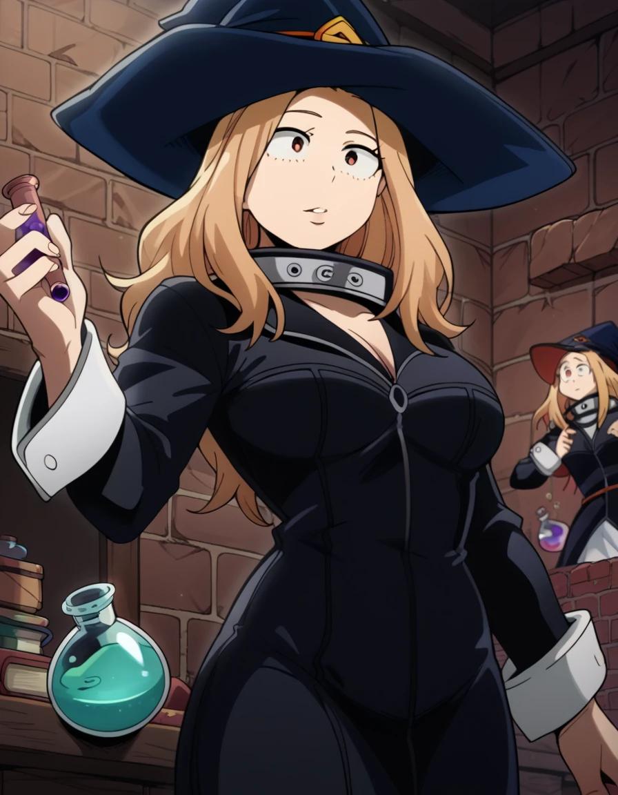 score_9, score_8_up, score_7_up, source_anime, <lora:camie-utsushimi-s3-ponyxl-lora-nochekaiser:1>, camie utsushimi, long hair, blonde hair, brown eyes, large breasts,, <lora:wizard-ponyxl-lora-nochekaiser:1>, wizard, wizard hat, robe, dress, long sleeves, gloves,, indoors, bricks, potion, flask, vial,, cowboy shot,, , dutch angle, cowboy shot