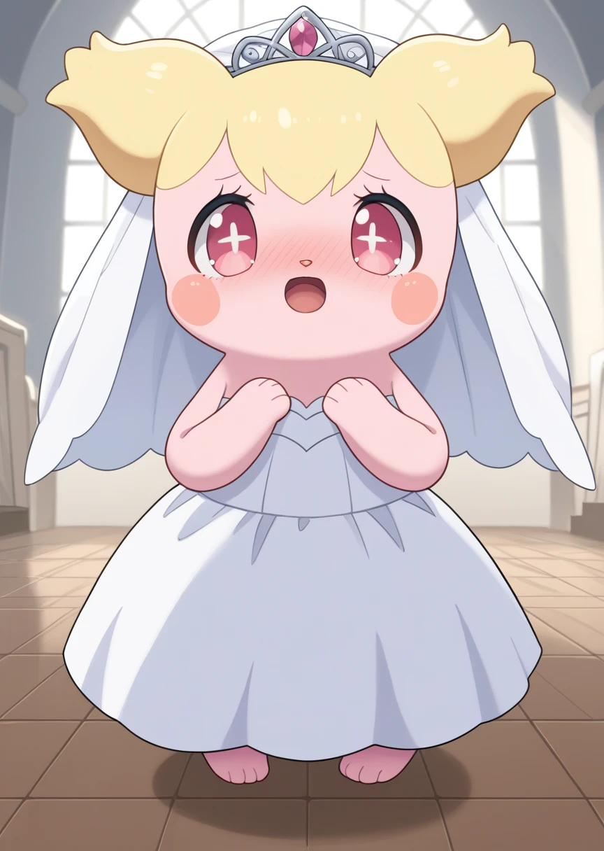 score_9, score_8_up, score_7_up, score_6_up, score_5_up, BREAK
hottoni, anthro, female, 1girl, rating_safe, solo, open mouth, standing, full body, pink eyes, indoors, church, no humans, blush stickers, blonde, bare feet, pokemon_(creature):0.9, wedding dress, wedding veil, pink skin, blush, nose blush