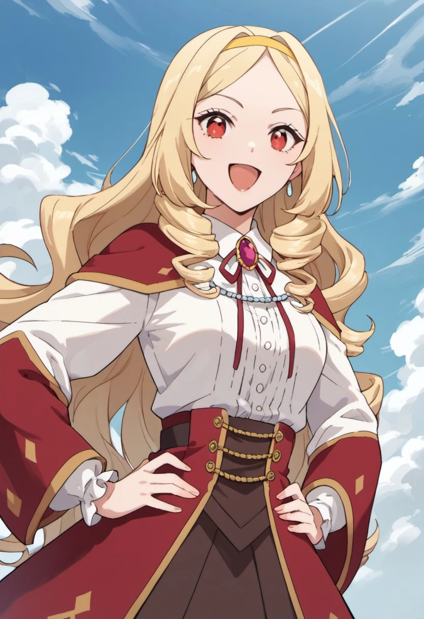 score_9, score_8_up, score_7_up, source_anime, eleonora hillrose, long hair, blonde hair, red eyes, 1girl, solo, hands on hips, sky, hairband, open mouth, smile, drill hair, day