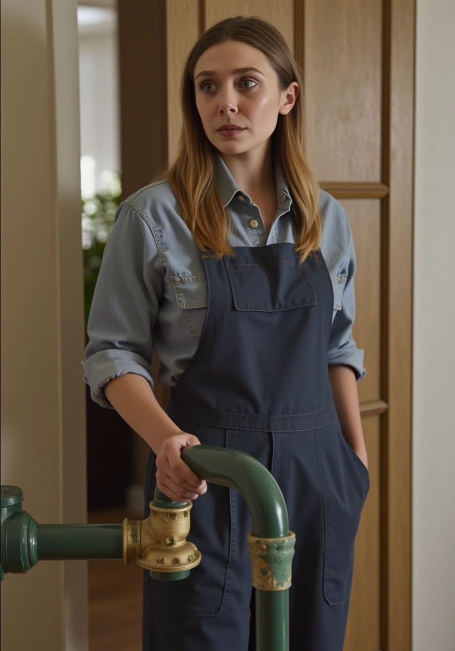 Elizabeth Olsen in a plumber's costume repairs a pipe