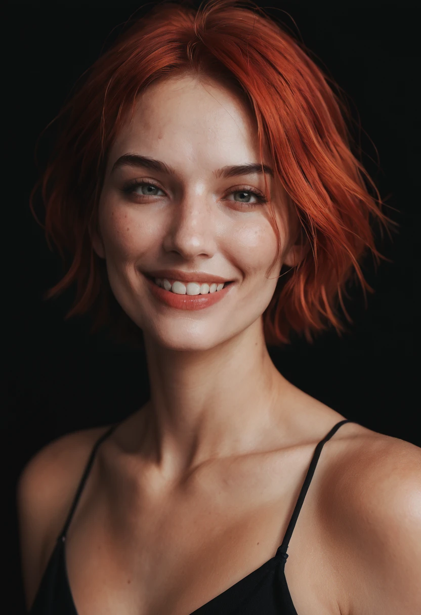 Super cute young Irish redhead girl with dark theme flash photography, short hair, thin nose and thin neck, freckles, (full body). pointed natural breasts with natural sagging, (hard nipples with realistic details, real skin, real nipples, epic nipple realism,), ((very small waist, slim body, thin and wide hips)), blue eyes, very detailed eyes, realistic skin, epic realism, NSFW, lustful smile, seductive look, perfect teeth, realistic skin, epic realism, HDR: 1.5, epic skin detail, (8k, RAW photo, maximum quality),