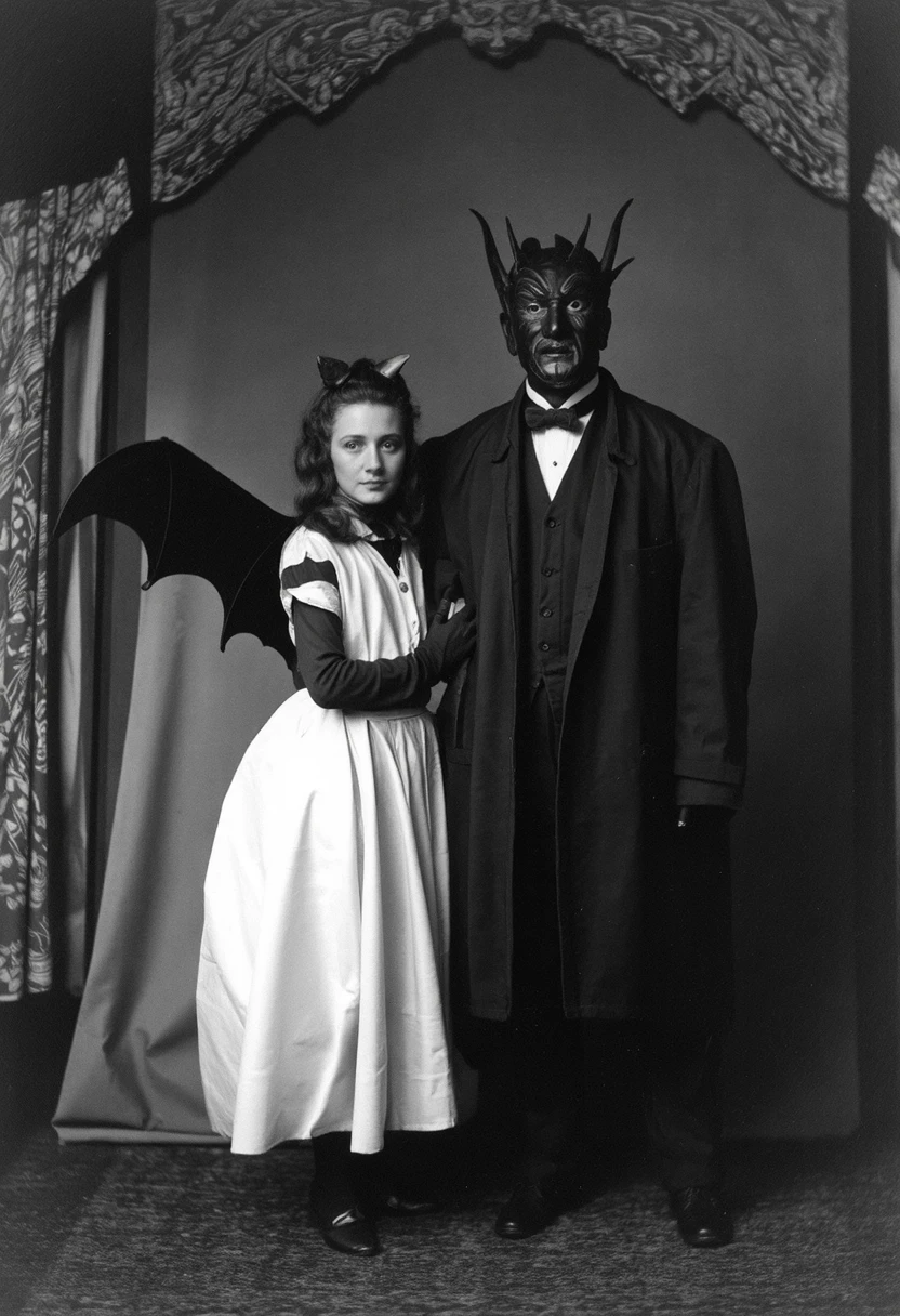 VintageHalloween. A formal portrait of a couple in Halloween costumes from the early 1900s. The man wears a devil mask and tuxedo, while the woman wears a white dress with bat wings attached. They pose stiffly in front of an ornate curtain backdrop. The lighting is harsh, casting deep shadows on their faces and adding a ghostly quality to their expressions. <lora:VintageHalloween-step00001600:0.8>,