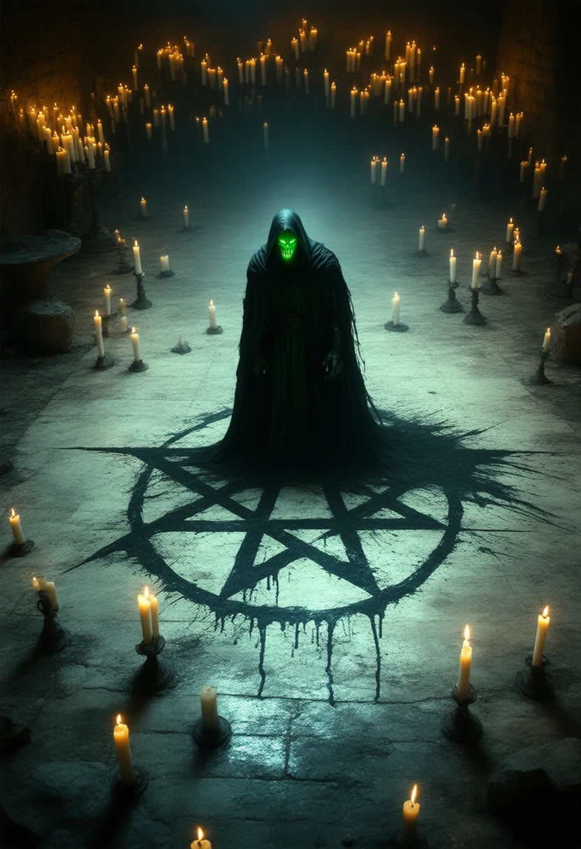 A master-level, highly detailed dark fantasy scene set in a dimly lit, ominous room. The floor is marked with a large, blood-drawn pentagram, its sinister lines glowing faintly. Surrounding the pentagram are countless dark white candles of varying lengths and thicknesses, their flickering flames casting unsettling shadows across the room. At the center of the pentagram, a menacing black demon is emerging from the blood-drawn symbol. The demons glowing green eyes pierce through the darkness, and an eerie, malevolent grin spreads across its face, exuding a sense of pure evil. Covered in shadows