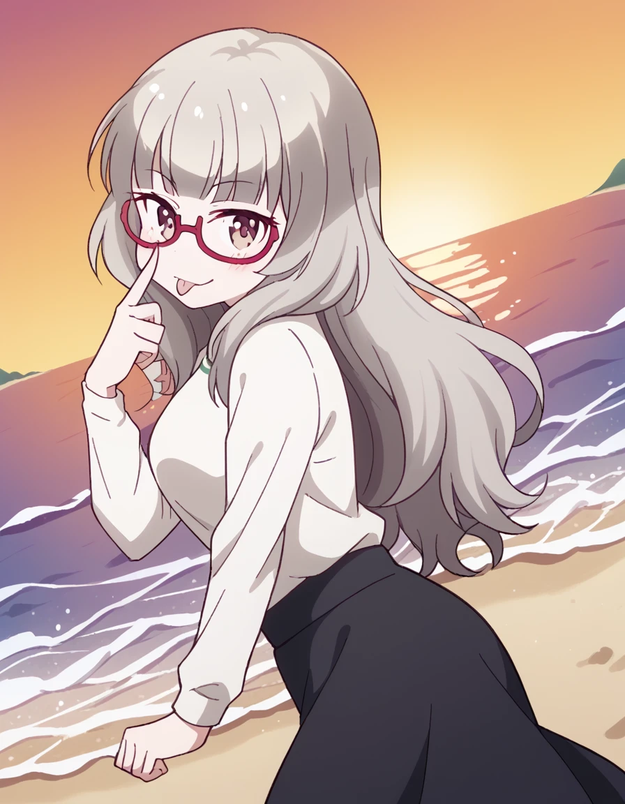 score_9, score_8_up, score_7_up, source_anime, <lora:shizuku-hazuki-s2-ponyxl-lora-nochekaiser:1>, shizuku hazuki, long hair, bangs, brown eyes, grey hair, glasses, semi-rimless eyewear, red-framed eyewear, under-rim eyewear, medium breasts,, skirt, shirt, long sleeves, white shirt, black skirt, fringe trim,, beach, sunset, walking along shore, footprints in sand, waves, peaceful, smile, <lora:akanbe-ponyxl-lora-nochekaiser:1>, akanbe, eyelid pull, finger to eye, tongue out, :p, tongue, ;p, blush, leaning forward, bent over, from side,, looking at viewer, solo,, dutch angle, cowboy shot