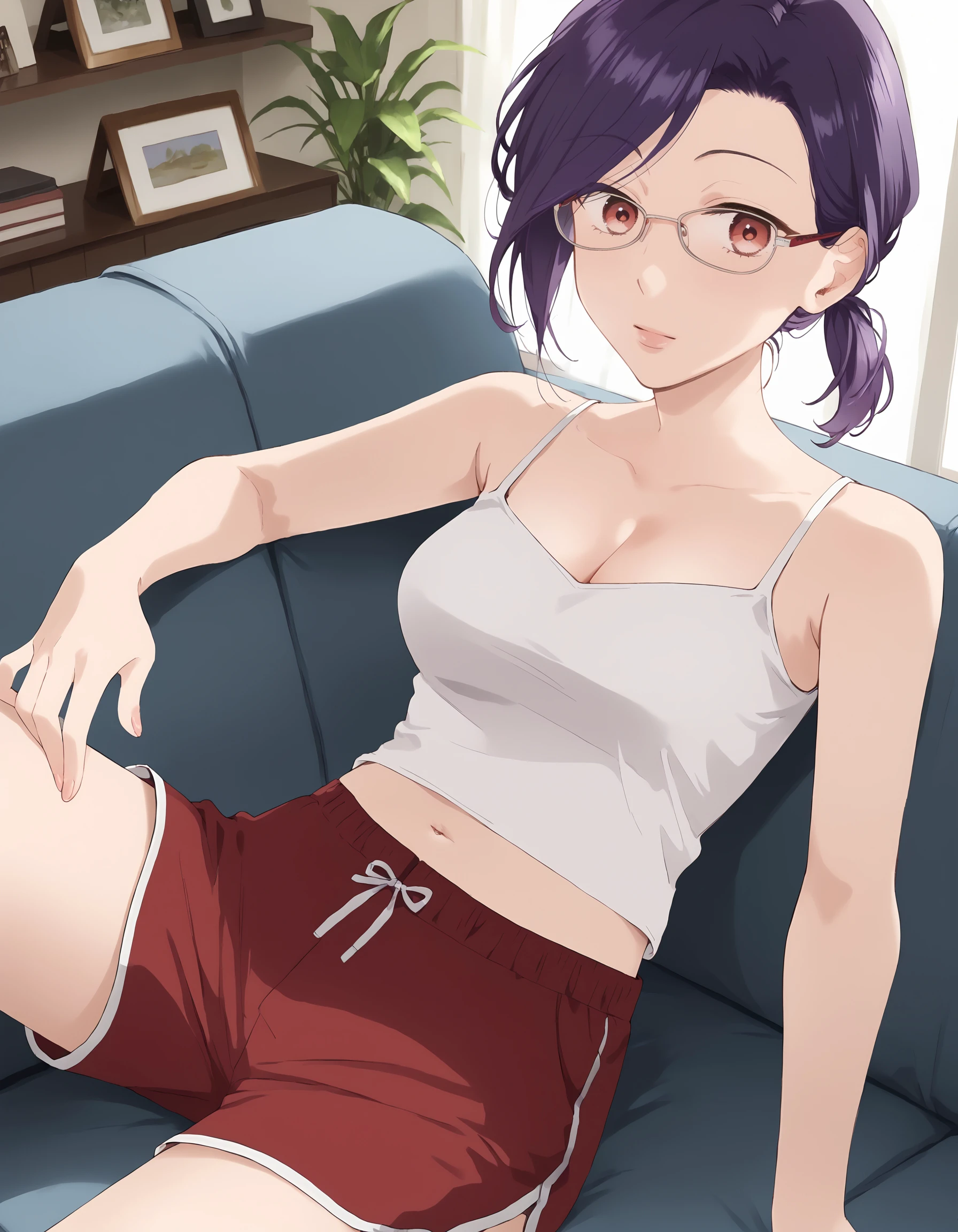 score_9, score_8_up, score_7_up
BREAK 1girl, <lora:ErikoXL-v1:1>, eriko, purple hair, short ponytail, low ponytail, red eyes, glasses, <lora:Camisole1XL-v1-03:0.7>, white camisole, cleavage, midriff, stomach, groin, dolphin shorts, looking at viewer, sitting, couch, indoors, living room