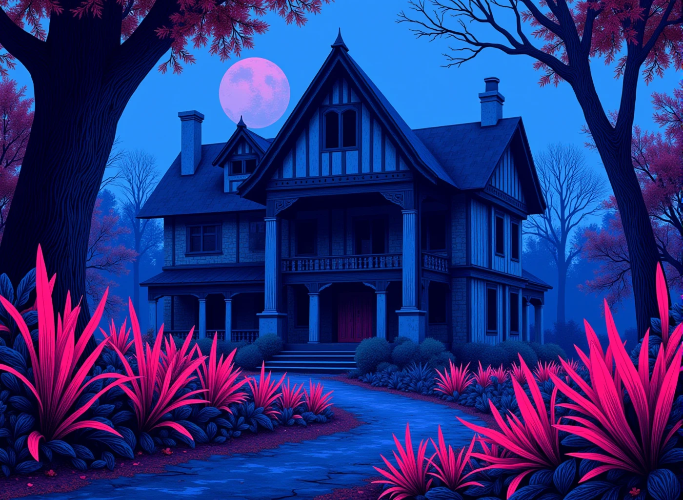 r0ygb1v style detailed fully rendered scene of a exterior haunted manor scene with majestic plant life (colors  blue. pink. purple) 
