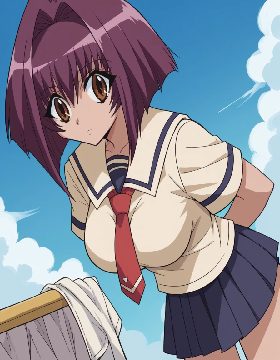 score_9, score_8_up, score_7_up, source_anime, <lora:karin-maaka-s1-ponyxl-lora-nochekaiser:1>, karin maaka, short hair, brown eyes, purple hair, hair intakes, bangs, large breasts,, skirt, shirt, school uniform, short sleeves, pleated skirt, necktie, pleated skirt, blue skirt, serafuku, red necktie, laundry day, clothesline, drying clothes, domestic life, fresh air, blue sky, , hands behind back, bent over,, looking at viewer, solo,, dutch angle, cowboy shot