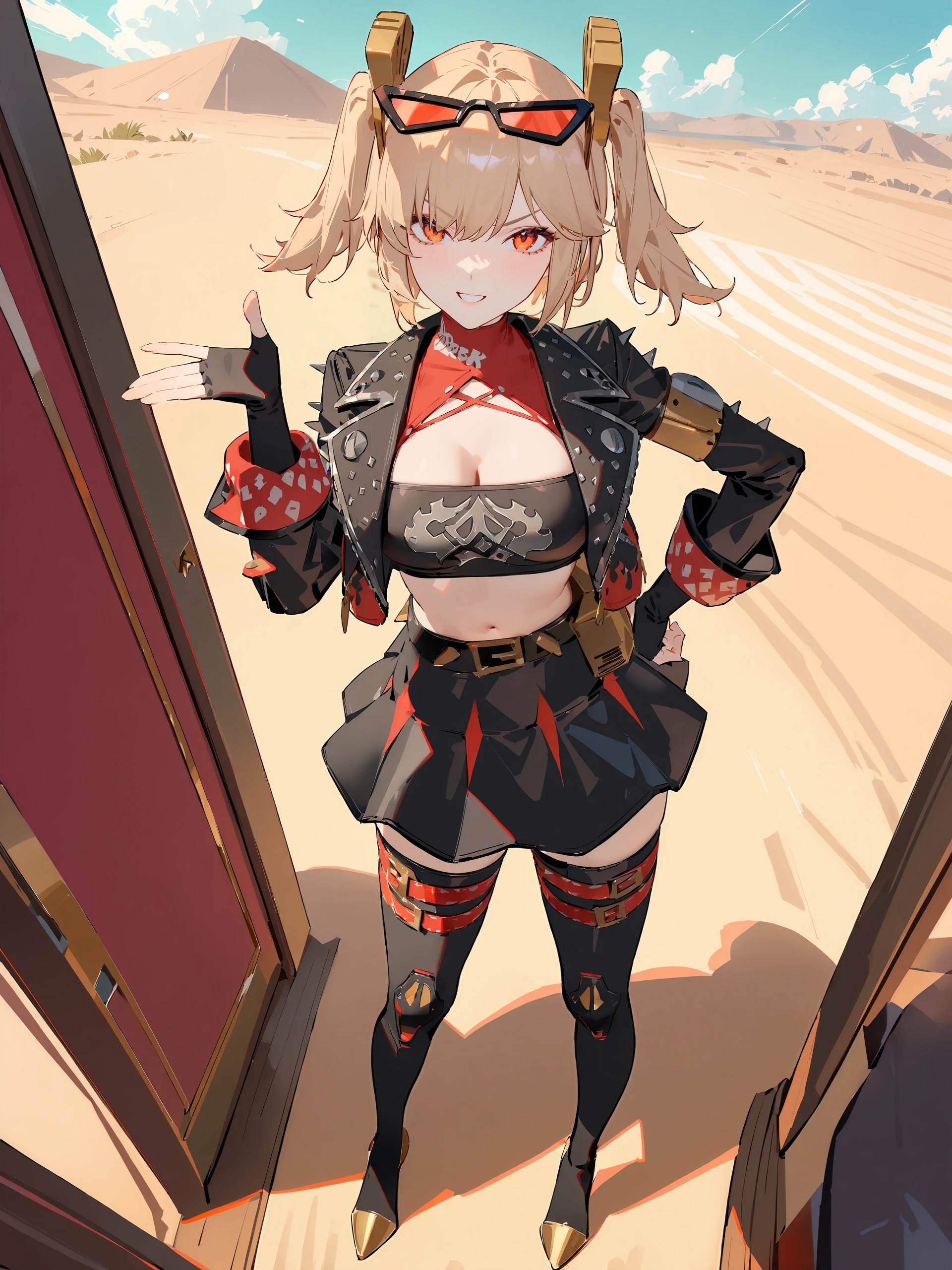 1girl, burnice white, twintails, black skirt, hair ornament, sunglasses on head, latex thighhighs, smile, cropped jacket, fingerless gloves, sleeveless turtleneck, tube top, pumps, full body, standing, grin, v-shaped eyebrows, looking at viewer, hand on hip, outdoors, desert   <lora:Char-ZZZ-Burnice-V1-SDXL:0.9>, masterpiece, best quality, very aesthetic, ray tracing, newest,(hitenkei, askzy:0.5), [<lora:detailed_notrigger:0.95>::0.5]