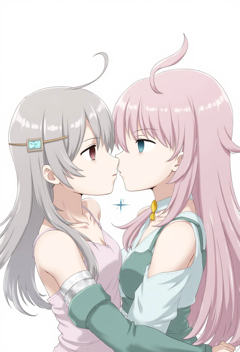 There are two adult females drawn in an anime style. Both of them have long hair with an ornament. They are dressed casually. One of them is hypnotized and has empty eyes with no expression. The other one has a slight smile. They are kissing each other while looking into their eyes. There is a line of energy flowing between each other's pupils.