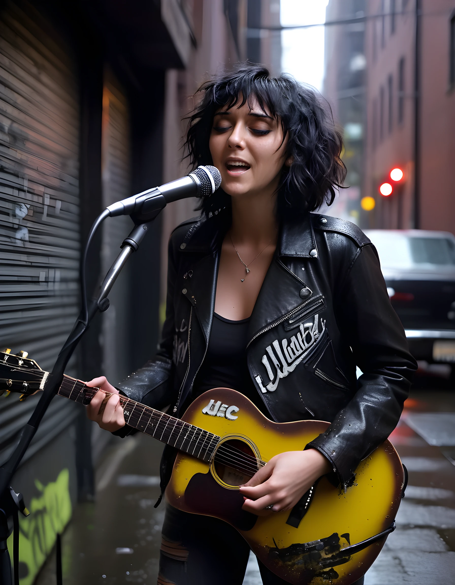 In a grunge-inspired, dimly lit, rainy Seattle alleyway, the enigmatic JUL14N4C, with short black hair cascading in loose curls around her shoulders, strikes an intense and passionate pose, strumming a weathered electric guitar, its strings resonating with a haunting melody, as she belts out lyrics into a vintage microphone, her eyes glistening with raw emotion, the neon signs from nearby buildings casting a hazy, blurry glow on her face and outfit _ a striking, edgy ensemble of ripped jeans, a leather jacket adorned with silver studs, and a black T-shirt featuring the iconic Jul14n4c logo in bold, graffiti-style letters.