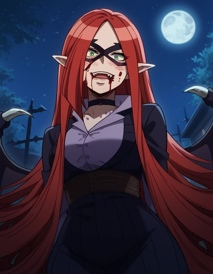 score_9, score_8_up, score_7_up, source_anime, <lora:kiruka-hasaki-movie2-ponyxl-lora-nochekaiser_r1:1>, kiruka hasaki, long hair, red hair, mask, domino mask, green eyes, forehead, large breasts,, <lora:vampire-ponyxl-lora-nochekaiser:1>, vampire, red eyes, pointy ears, fangs, black dress, wings, blood, blood on face, blood on mouth, bat (animal), halloween, halloween costume, upper teeth only, night, moon, blush, smile, open mouth, , dutch angle, cowboy shot