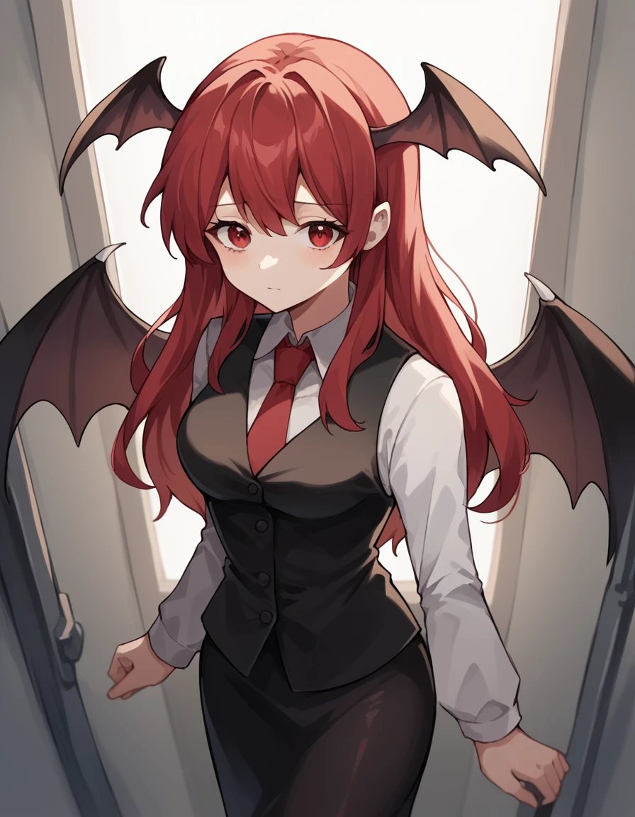 score_9, score_8_up, score_7_up, source_anime, <lora:koakuma-ponyxl-lora-nochekaiser:1>, koakuma, red eyes, red hair, long hair, sidelocks, medium breasts,, bat wings, black dress, black pantyhose, black skirt, black vest, dress, head wings, long sleeves, multiple wings, necktie, pantyhose, red necktie, shirt, skirt, vest, white shirt, wings,, hospital room, bedside, get well flowers, comforting, quiet, , from above,, looking at viewer, solo,, dutch angle, cowboy shot