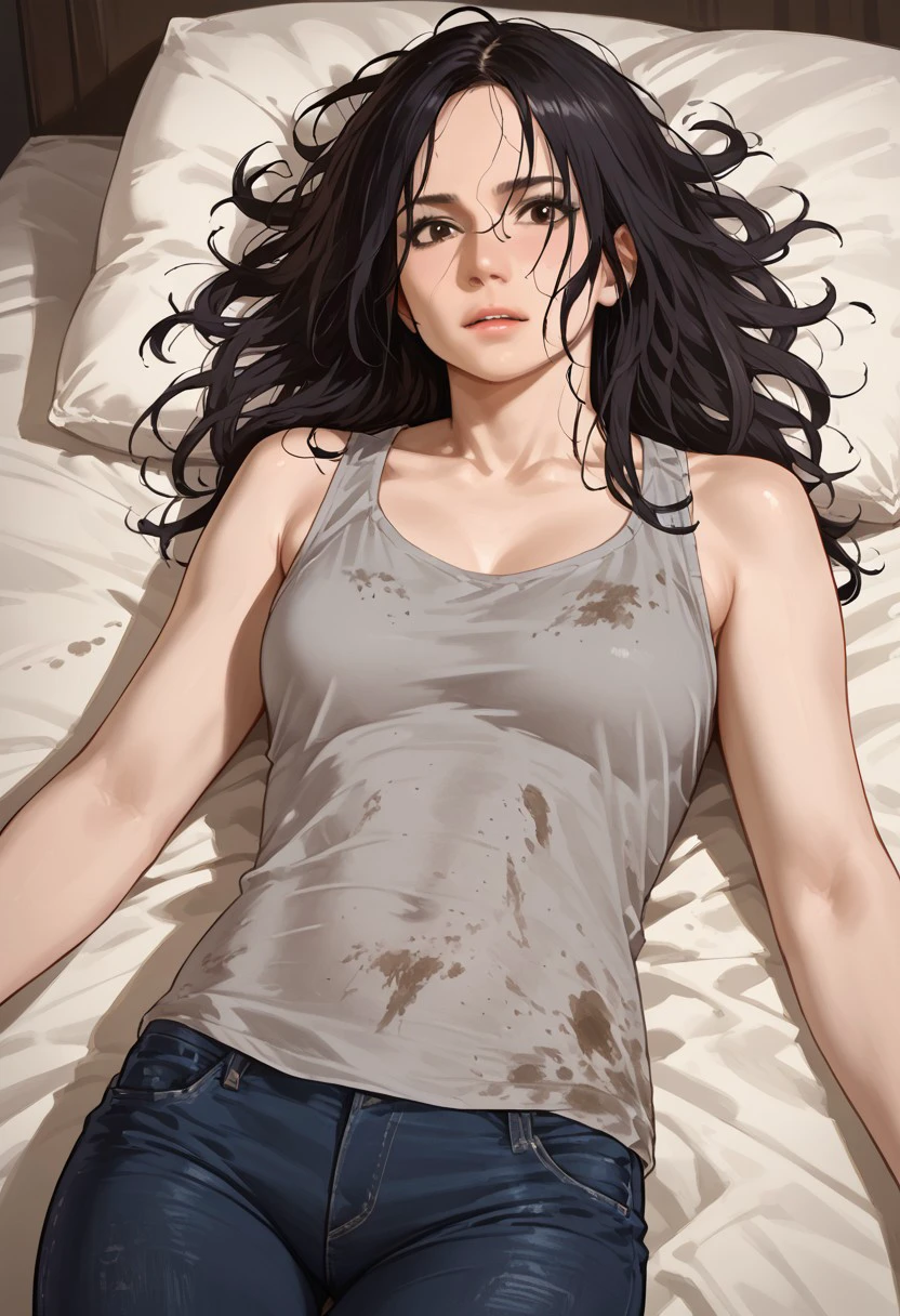 Score_9_up, score_8_up, score_7_up, source_realistic, cowboy shot, BREAK 1girl, solo, miawinters, black hair, messy hair, tank top, denim pants,  lying on back,