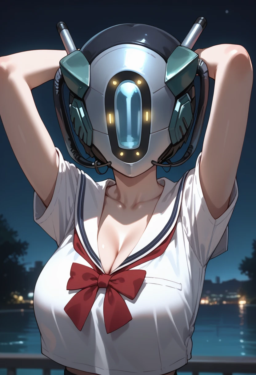 score_9, score_8_up, score_7_up, score_6_up, source_anime, absurdres, highres, 
from side, csjammers, helmet, android, science fiction,
standing, upper body, from front, arms up,
1girl, solo, 
collarbone, cleavage, large breasts, school uniform, serafuku, bow,
night, portrait, glowing eyes,
 <lora:Cymatic_Scan_Jammers:1.0>