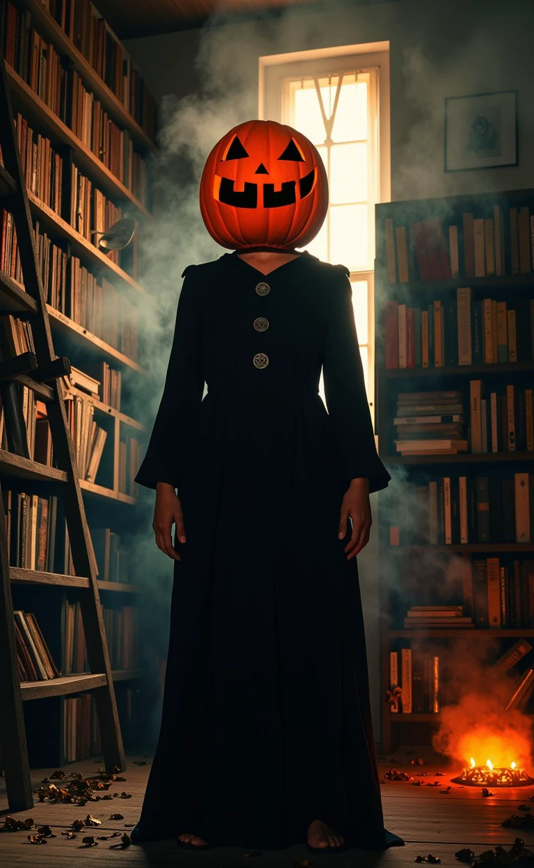 pampkihad woman, vector image, spooky Old library and books and ladders
<lora:halloween_s01_pumpkin_head_pampkihad:1>