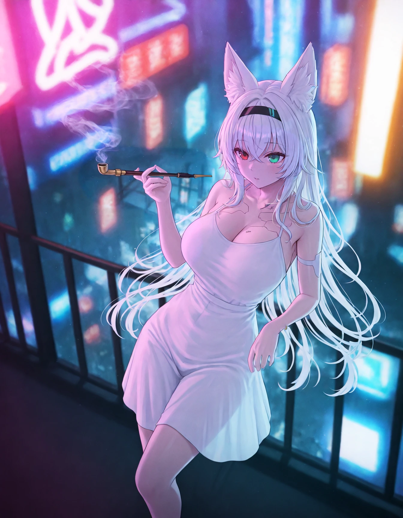 1girl, solo, fox ears, red eyes, green eyes, heterochromia, large breasts, holding smoking pipe, white dress, sundress, hair intakes, white hair, long hair, crossed bangs, black headband, cyberpunk, neon lights, dark, blurry background, night, leaning back, outdoors, railing, from above, standing, on bed, smoke, <lora:cyberpunk:0.8>