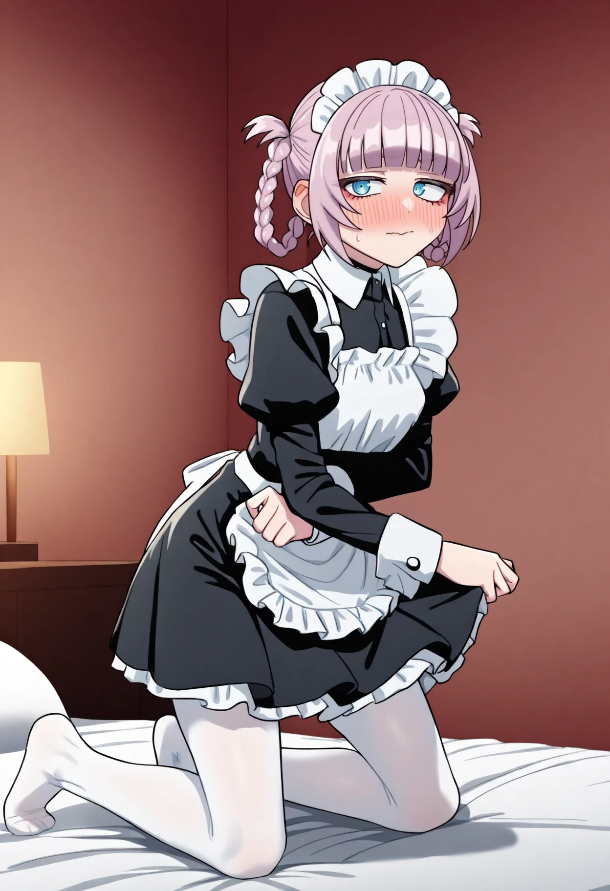 masterpiece, best quality, very aesthetic, absurdres BREAK
1girl, nazuna, pink hair, ringed eyes, short hair, blunt bangs, blue eyes, braid, hair rings,
maid uniform, white stockings,
kneeling, embarrassed, blush,
looking at viewer, solo, indoors, bed, bedroom background <lora:NazunaNanakusaIllustriousXL_byKonan:1>