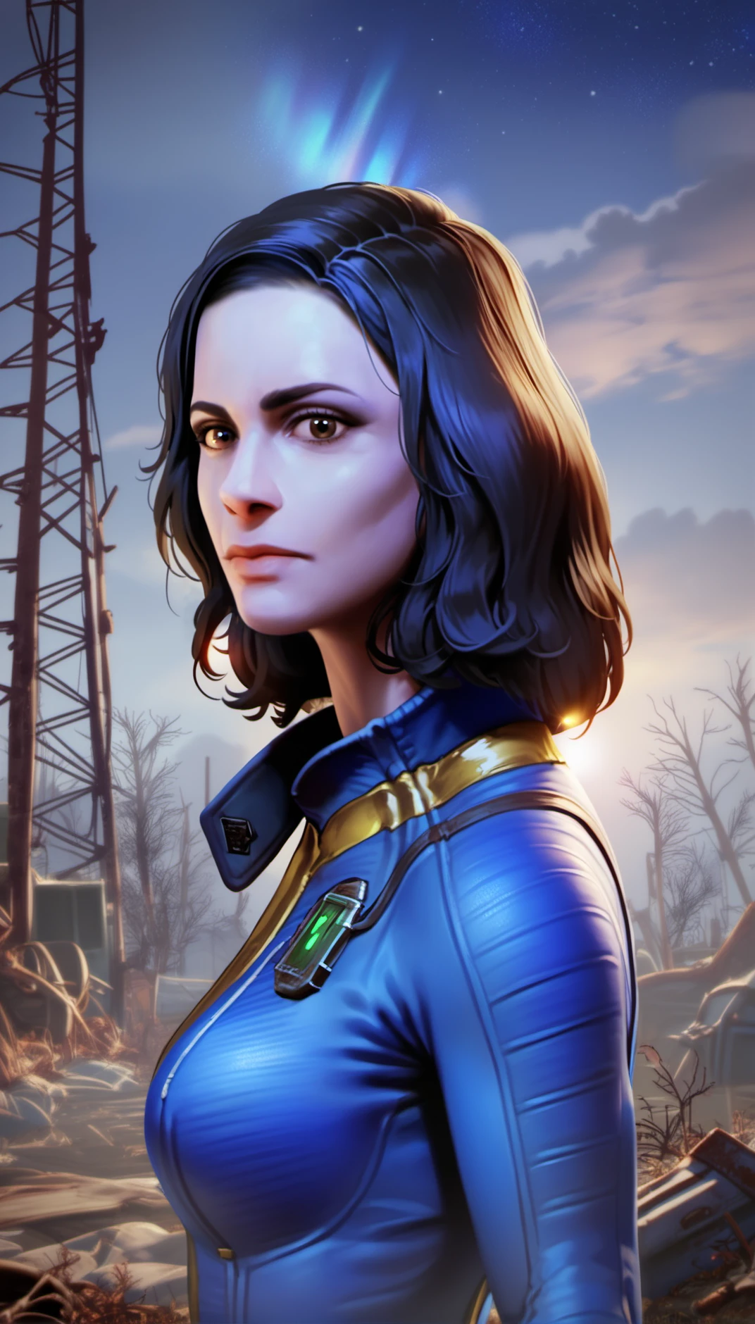 score_9,score_8_up,score_7_up,
<lora:nora:0.9>,fo4nora,
realistic,
1girl,solo,black hair,medium hair,brown eyes,looking at viewer,
blue jumpsuit,portrait,
outdoors,blurry background,vignetting,post-apocalypse,cloud,barren wasteland,wilderness,dry and desolate ground,dead tree,(night:1.2),starry night,lights particle,lens flare,