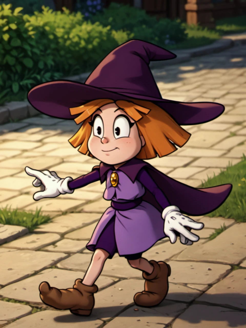 score_9, score_8_up, score_7_up,  score_6_up, BREAK, P3nny, 1girl, solo, orange hair, short hair, witch hat, purple hat, black eyes, purple dress, purple cape, purple pantihouse, white gloves, brown footwear,  <lora:Penny-000009:1>