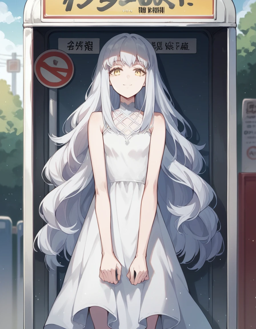 score_9, score_8_up, score_7_up, source_anime, <lora:norn-aion-s1-ponyxl-lora-nochekaiser:1>, aion, long hair, very long hair, yellow eyes, white hair,, dress, bare shoulders, white dress,, bus stop, waiting, commuter, smartphone, checking time, cold morning, , smile, looking at viewer, solo,, dutch angle, cowboy shot