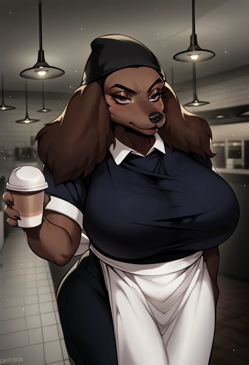 intricate details, high intricate details
  <lora:Sam_BTS-000005:1> sambts, anthro dog, brown fur,  huge breast, apron,  holding cup of coffee,  cafe, zPDXL3, <lora:Pony_QualityV4.0:1.12> zPDXLxxx, zPDXLrl