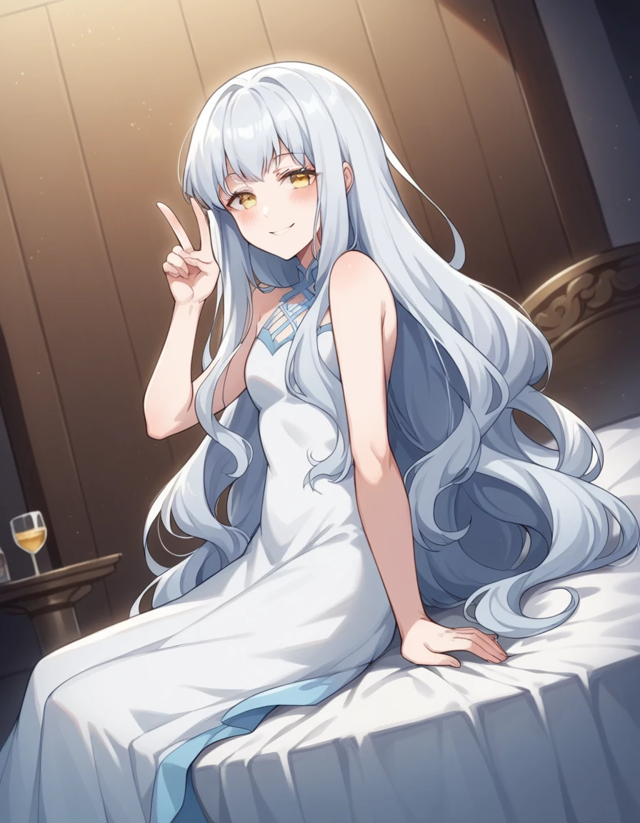 score_9, score_8_up, score_7_up, source_anime, <lora:norn-aion-s1-ponyxl-lora-nochekaiser:1>, aion, long hair, very long hair, yellow eyes, white hair,, dress, bare shoulders, white dress,, indoors, bed, bed room, on side, blush, drunk,, smile, v, v over eyes,, looking at viewer, solo,, dutch angle, cowboy shot