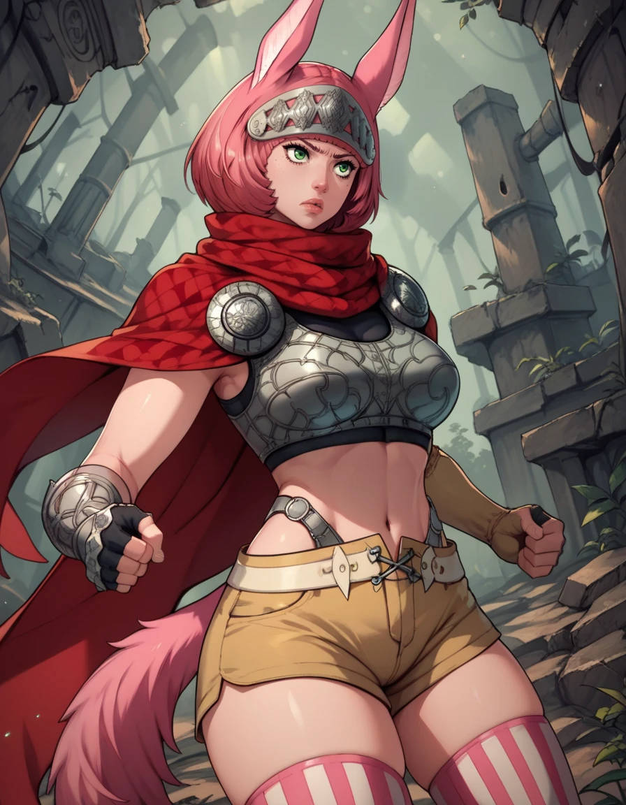 score_9, score_8_up, score_7_up,score_6_up, score_5_up, score_4_up , 1girl, solo, 
large breasts, 
CatherinaDG,
short hair, pink hair, green eyes, 
fighting stance, clench hands,
from below, lips,
forest, ruins, 
red scarf,  cape, fingerless gloves, elbow gloves, shorts, tail, mismatched legwear, crop top, 
 <lora:Catherina DG PXL v01-000003:1>