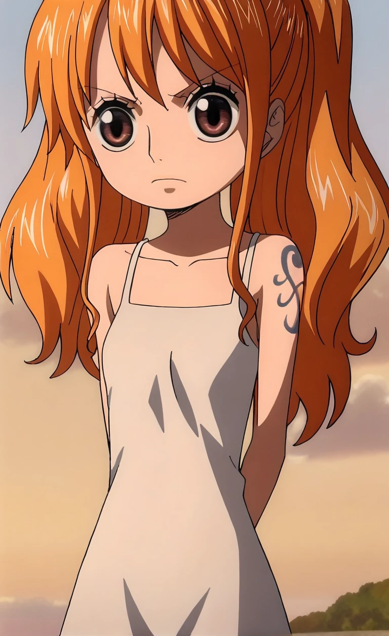 <lora:checkpoint-e100_s900:1>, nami, thin, orange hair, twin tails, white sundress, cute, pretty big eyes, hands behind back, innocent, thin, volumetric lighting,