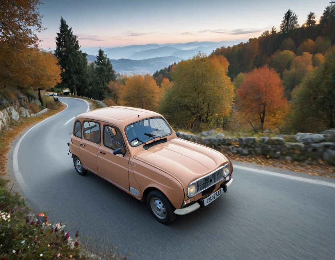 renault 4l vehicle driving on a winding mountain road, with trees and flowers, the color of autumn, nightfall