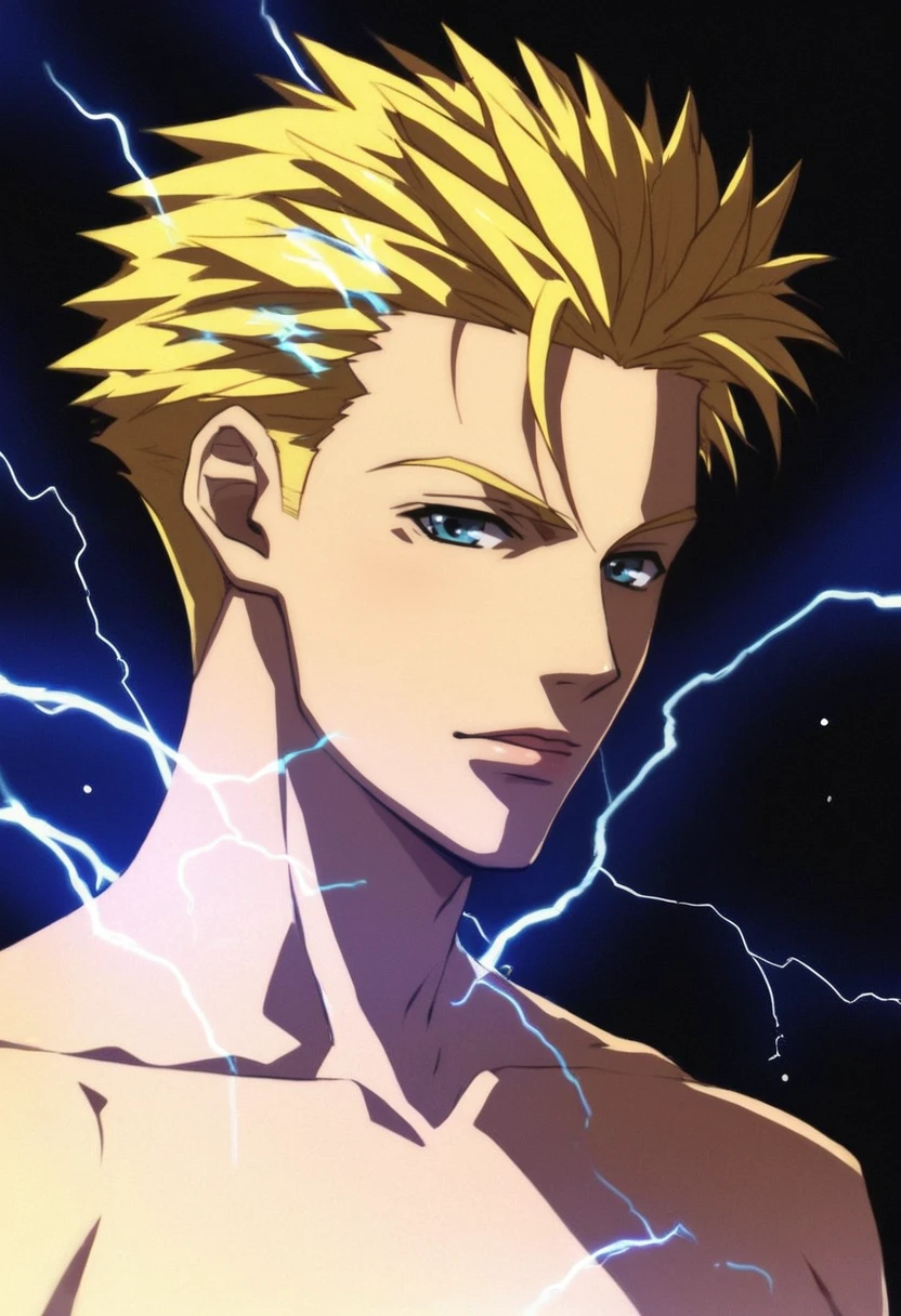 (masterpiece), (best quality), score_9, score_8_up, score_7_up, (masterpiece:1.2), (best quality:1.3), 1boy, male focus <lora:Ginji_Amano_GetBackers-000005:0.8> ginjia_gbrs, blonde hair, simple background, electricity, portrait, masterful composition, dynamic movement
