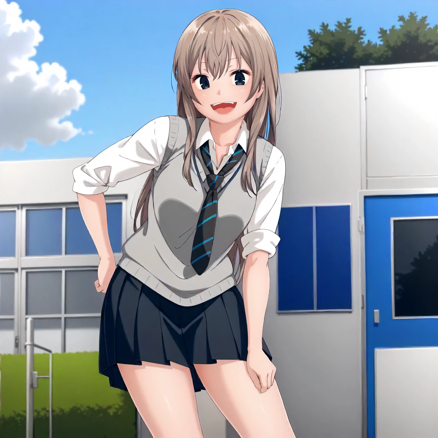 <lora:UnOMdDDMnK_ChiakiXLpony001>,
outdoors,
open mouth,smile,
solo,
Chiaki,1girl,light brown hair,long hair,indigo eyes,
school_uniform,loose tie,gray sweater vest,sleeves rolled up,
black skirt,pleated_skirt,miniskirt,
black socks,
standing,