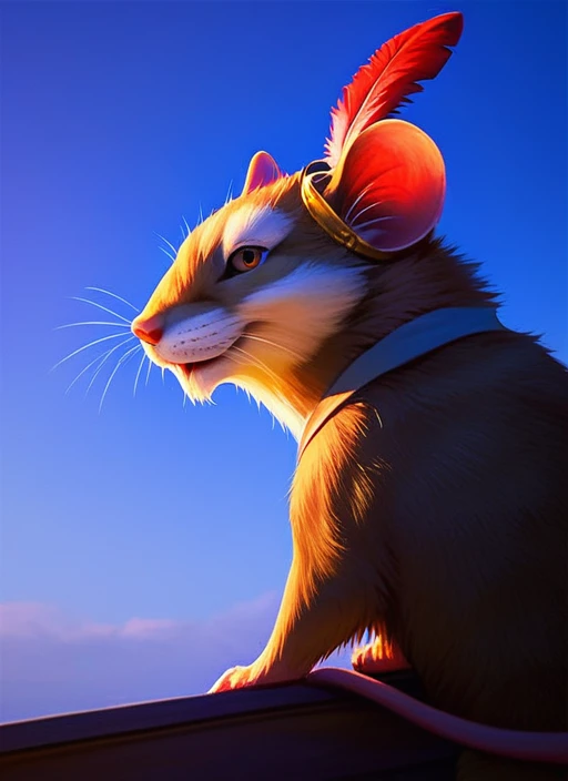 <lora:Reepicheep_pony:0.7> Reepicheep, 1boy, mouse, furry, mouse tail, honey brown eyes, ring hat, feather, male, solo, looking at viewer, back view, sash, close up, face close up, looking back, raising hand, greeting with hand, golden light, blue sunset sky, masterpiece, (best quality:1.1), score_9, Score_7_up, score_8_up, feral, no clothes, realistic