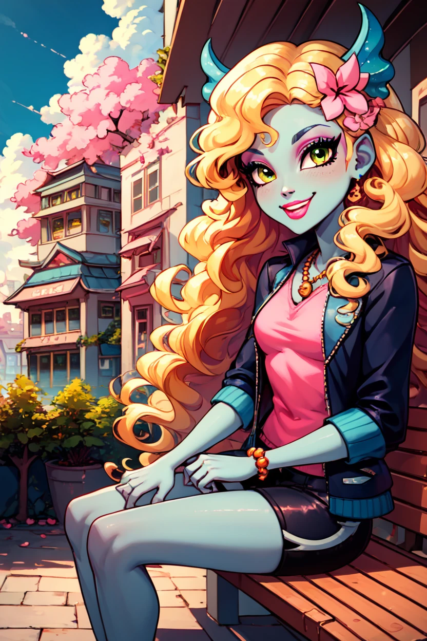 score_9, score_8_up, score_8, medium breasts, (curvy), cute, eyelashes,       ,,, , ,,, zzLagoona, green eyes, yellow eyes, blonde hair, blue hair, curly hair, hair flower, hair ornament, long hair, multicolored hair, wavy hair, blue skin, makeup, jewelry, lipstick, necklace, bracelet, eyeshadow, flower, pink shirt, black shorts, black jacket,  <lora:Lagoona_MH_PDXL:1.0>,  ,,,, BREAK, sitting on bench, side view, smile, looking at viewer, cowboy shot,  ,,, BREAK, pnkBldng, sky, day, cloud, tree, blue sky, building, architecture, east asian architecture,  ,,, BREAK, embedding:zPDXL, Expressiveh,  ,,, <lora:PinkBuildingsPDXL_v2:0.6>, <lora:SDXLFaeTastic2400:0.5>, <lora:Expressive_H-000001:0.4>