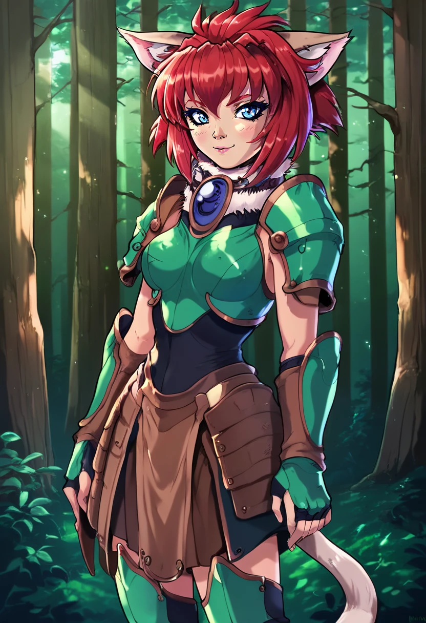 marinbravesoul, 1girl, solo, standing, blue eyes,  full body shot, cat ears, cat tail, red hair, green armor,  brown skirt,  fur chocker, forest, brown boots, looking at viewer,  <lora:shadman_style_v4:0.9>, <lora:MarinBraveSoulPonyV3_B1_Warm:0.95>, score_9, score_8_up, score_7_up,