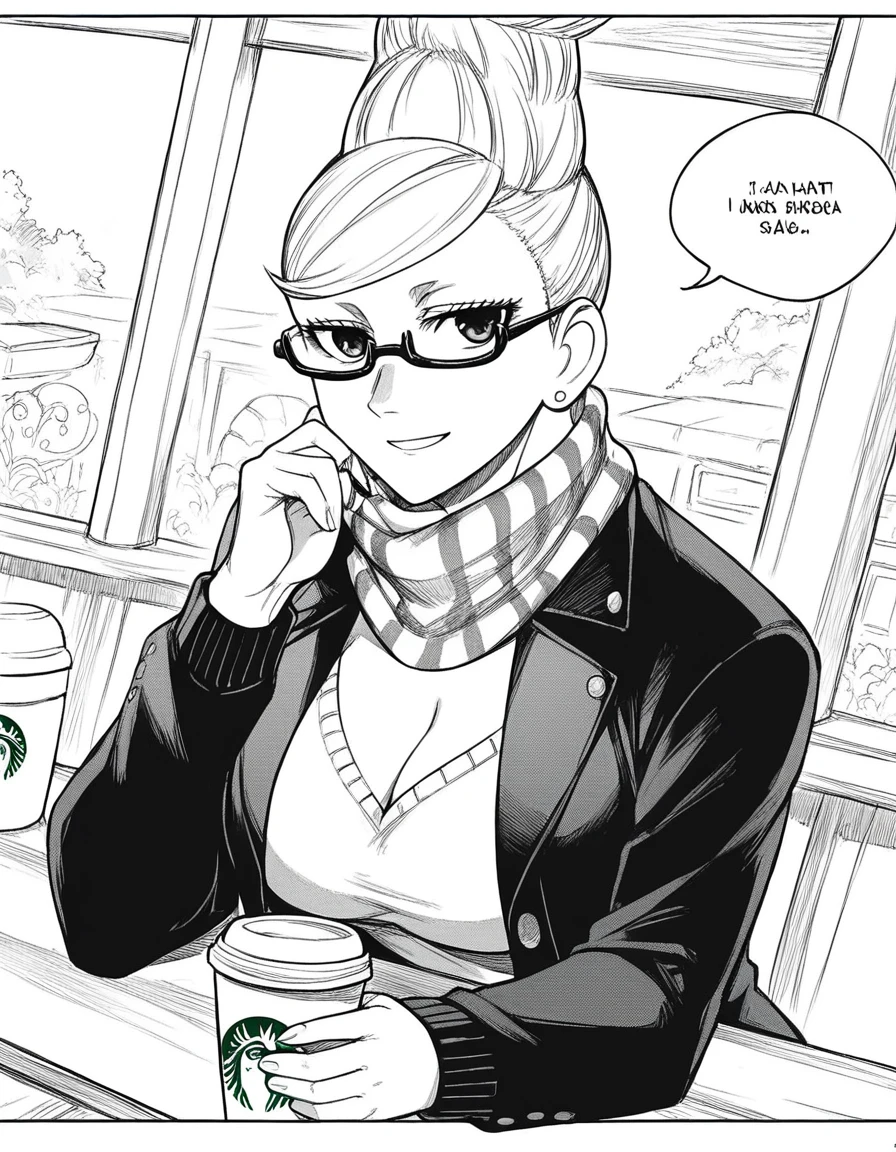 score_9, score_8_up, score_7_up, source_anime, <lora:seiko-ayase-manga-ponyxl-lora-nochekaiser:1>, seiko ayase, long hair, large breasts, monochrome, greyscale, earrings, glasses, hair bun, semi-rimless eyewear, under-rim eyewear,, cleavage, jewelry, jacket, scarf, sweater, long sleeves, center opening,, cafe, coffee cup, barista, sitting down, talking, relaxing, sunlight through window, , smile, looking at viewer, solo,, dutch angle, cowboy shot