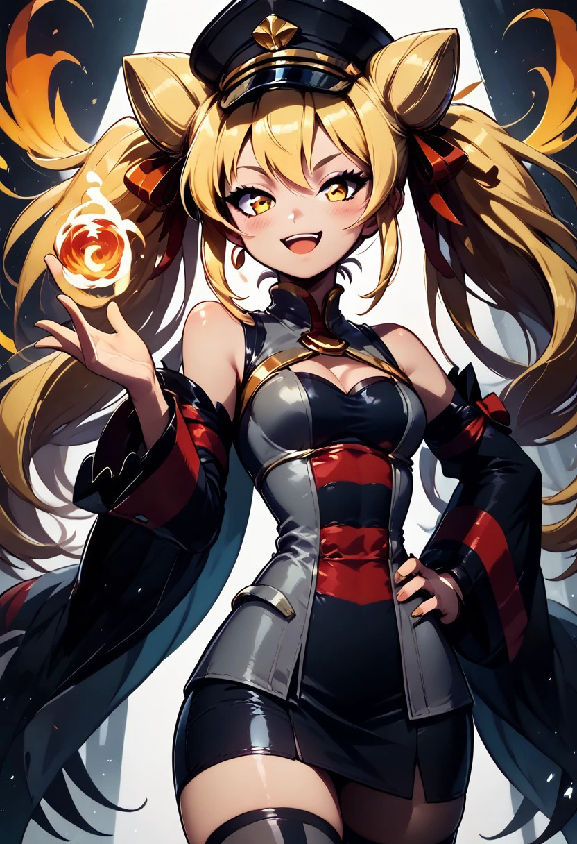 score_9, score_8_up, score_8, medium breasts, (curvy), cute, eyelashes,       
BREAK,
(holding fireball, magic:1), hand up, 
zzGiratanya, yellow eyes, long hair, blonde hair, twintails, cone hair bun, double bun, hair bun,  black military hat, grey military uniform, black skirt, thighhighs, long sleeves, ribbon, bare shoulders, hair ribbon, detached sleeves, hand on hip, smile, smug,  
BREAK,
smile, looking at viewer, cowboy shot, zPDXL