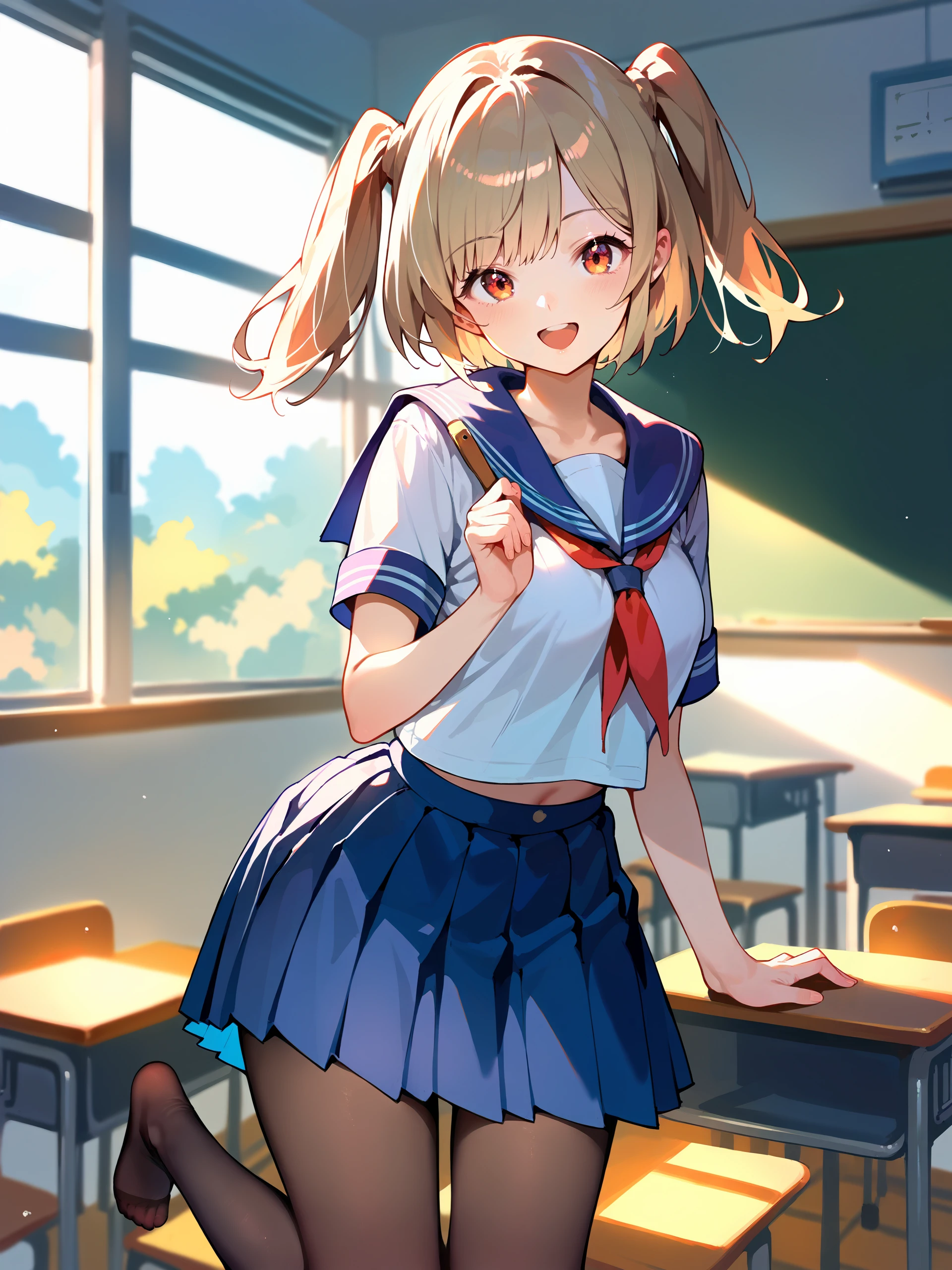 1girl, burnice white, twintails, solo, serafuku, sailor collar, pleated skirt,  pantyhose, no shoes, looking at viewer, light smile, cowboy shot, smile, open mouth, classroom, indoors, depth of field <lora:Char-ZZZ-Burnice-V1-Pony:0.9>, score_9, score_8_up, score_7_up, source_anime