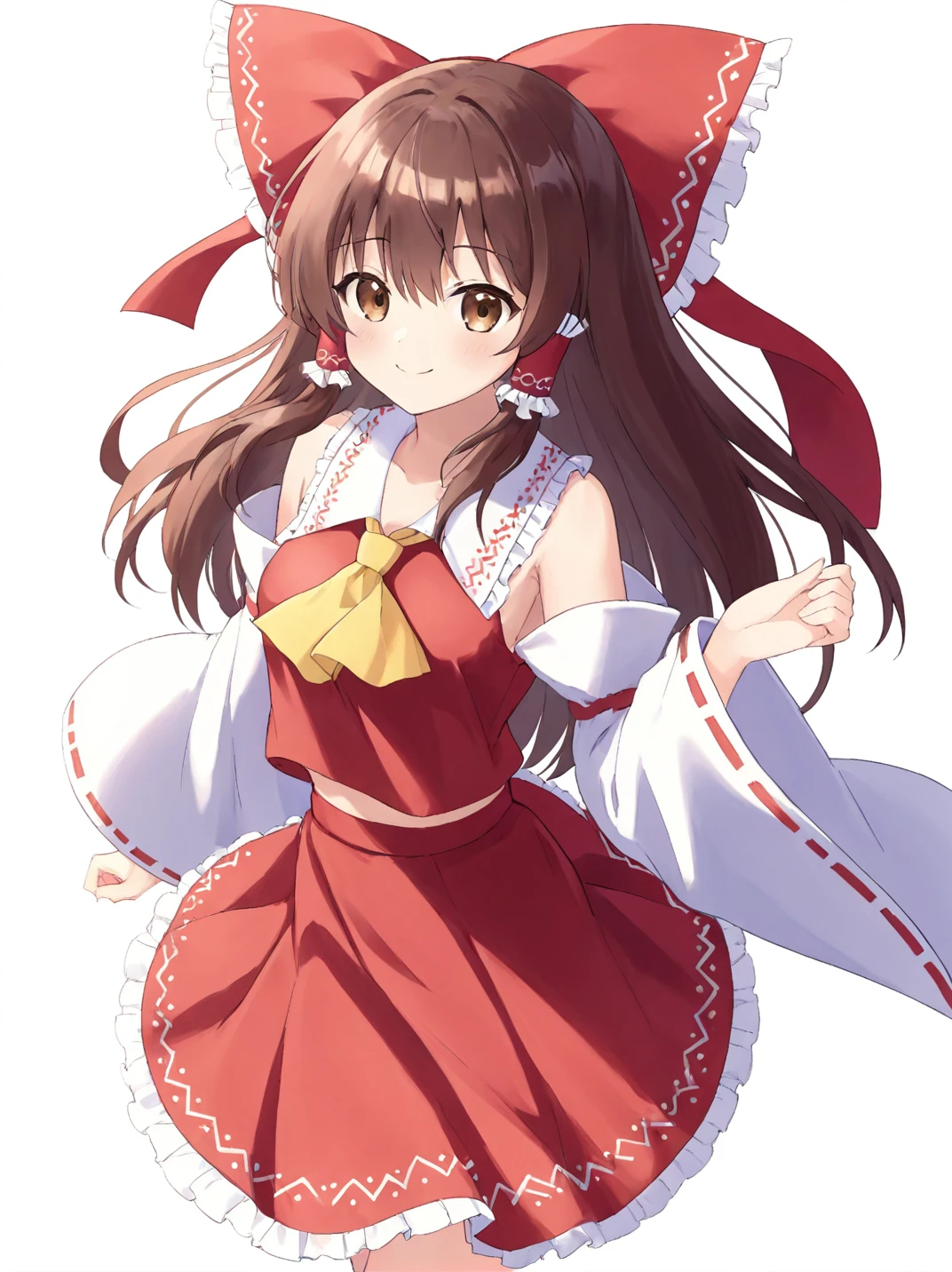 1girl,bangs,bare shoulders,big hair frilled bow,blush,brown eyes,closed mouth,frilled hair tubes,hakurei reimu,looking at viewer,red skirt,ribbon trim,ribbon-trimmed detached wide sleeves,shawl tops,shirt,shoes,smile,solo,yellow ascot,<lora:Hakurei reimu-SDXL-lora-2024.10.25-version1:0.5>,white background