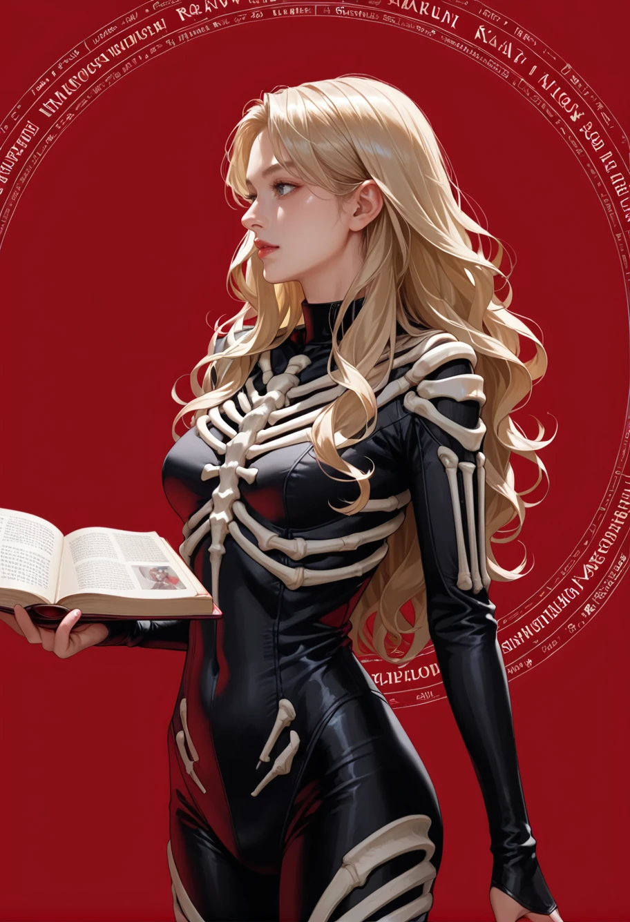 1girl,red background,,ruanyi1917,bodysuit,skeleton,ribs,
cowboy shot,holding book,wand,magic,magic circle,<lora:1917 skeleton jumpsuit_v1_pony:1>, score_9,score_8_up,score_7_up,,8k,1girl,solo,,, blonde hair,long hair,wavy hair,