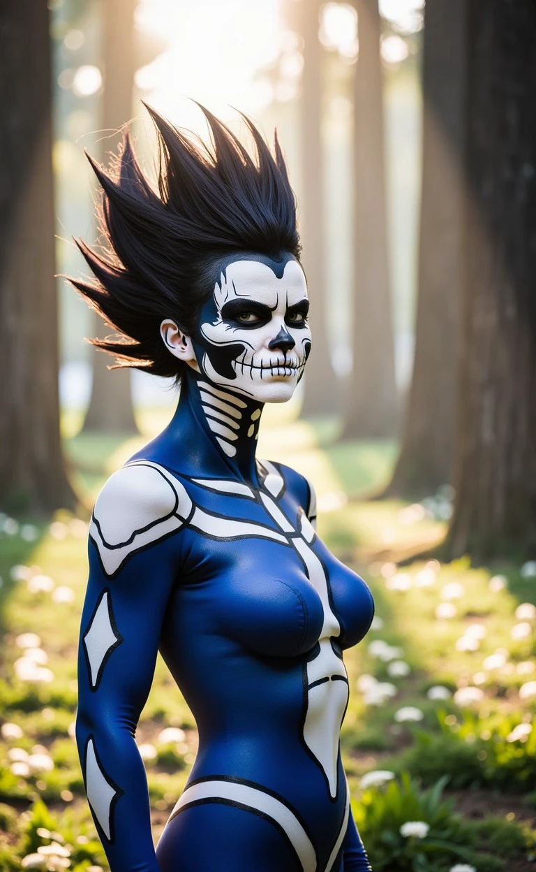 skalchur makeup, closeup Vegeta \(Dragon Ball Z\) - Proud Saiyan warrior with spiky black hair and a blue and white battle suit., Halloween theme A woman standing in a sun-dappled glade, surrounded by tall trees and soft patches of wildflowers, with beams of light breaking through the leaves above. 
<lora:flux_halloween_s08_skeleton_skalchur_makeup:1.0>