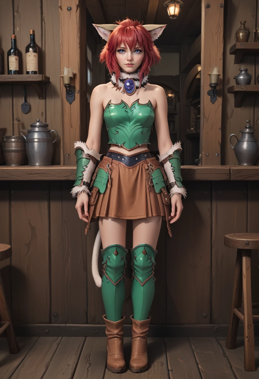 marinbravesoul, 1girl, solo,   standing leans to wooden wall, ( full body shot:1.1), solo, blue eyes, cat ears, cat tail, red hair, brown skirt,    green armor,  bare shoulders, fur chocker,  looking at viewer, brown boots,  indoor, fantasy tavern,     <lora:MarinBraveSoulPonyV3_B1_Warm:0.95>, score_9, score_8_up, score_7_up,