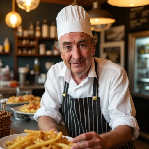 an image of actor Eric Idle working behind the counter at a fish and chip shop wearign an apron and chef's hat