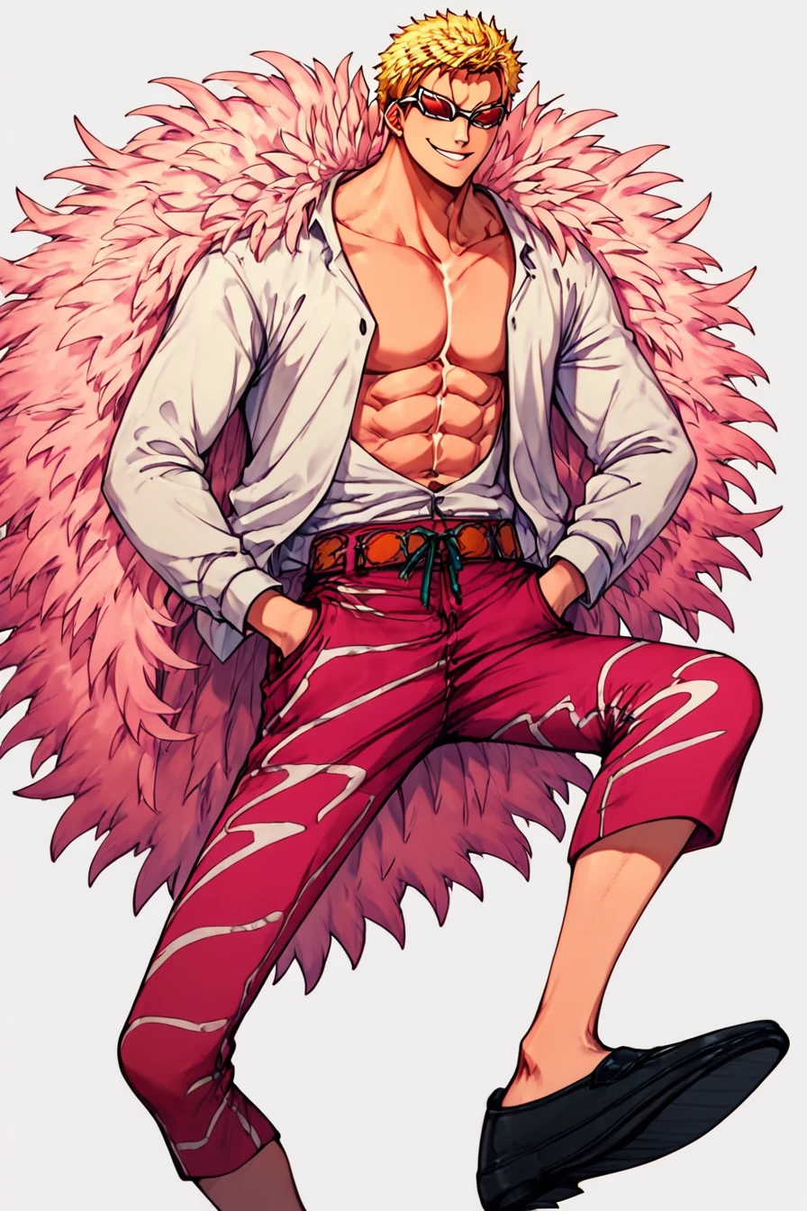 A man with short blond hair, strong defined body, with pink feather coat, COM CAMISA BRANCA, with red striped pants, with pink glasses, is smiling