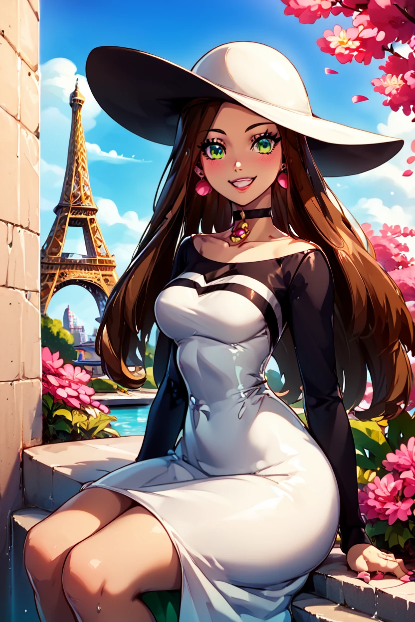 score_9, score_8_up, score_8, medium breasts, (curvy), cute, eyelashes,       ,,, , ,,,  zzBeauty, brown hair, long hair, green eyes, earrings, large breasts, white sun hat, white dress,<lora:Beauty_Pokemon_PDXL:1.0>, ,,,, BREAK, zzEiffelTower in background, sitting, watercraft, boat, sitting on wall, side view, looking at viewer, smile, ,,, BREAK, blooming stars, luminescent petals, otherworldly fragrance blurry background, ,,, embedding:zPDXL, Expressiveh, ,,, <lora:EiffelTowerPDXL:0.8>, <lora:CatalystStylePDXL:0.6>, <lora:SDXLFaeTastic2400:0.5>, <lora:Expressive_H-000001:0.4>,