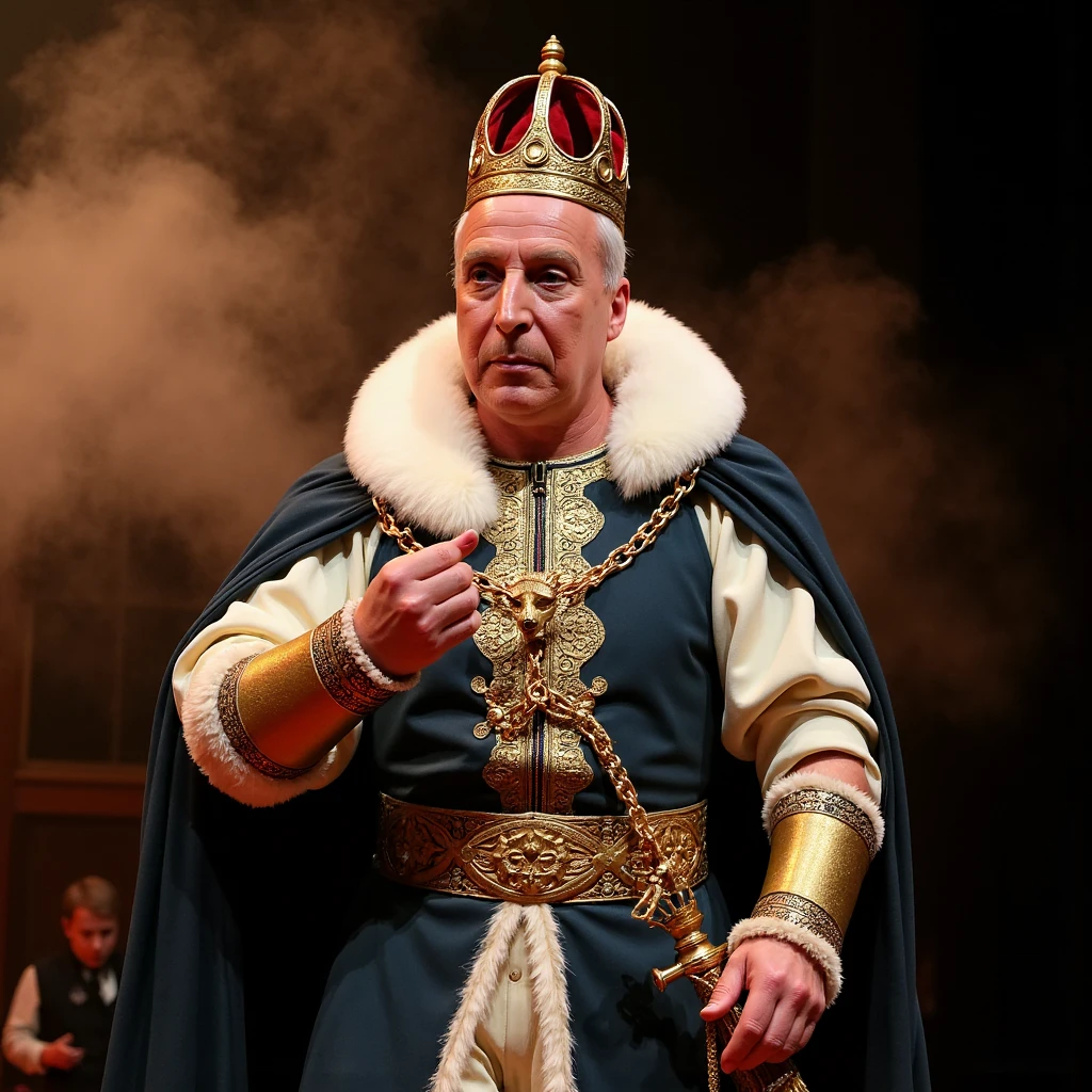 an image of Ian Richardson playing the role of a King in a grand shakespearean performance on stage with fog effects