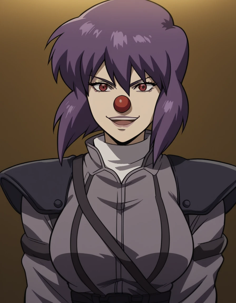 score_9, score_8_up, score_7_up, source_anime, <lora:motoko-kusanagi-s2-ponyxl-lora-nochekaiser:1>, motoko kusanagi, kusanagi motoko, short hair, large breasts, red eyes, purple hair,, <lora:clown-ponyxl-lora-nochekaiser:1>, clown, makeup, clown nose, facepaint, gloves, long sleeves, frills, dress,, smile, open mouth, smug, , dutch angle, cowboy shot