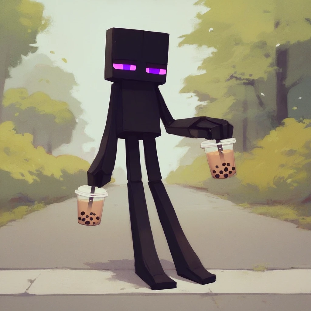 score_9_up, score_8_up, score_7_up, mikus-sona, black skin, purple eyes, square head, square body, tall, long legs, long arms, holding, bubble tea, park