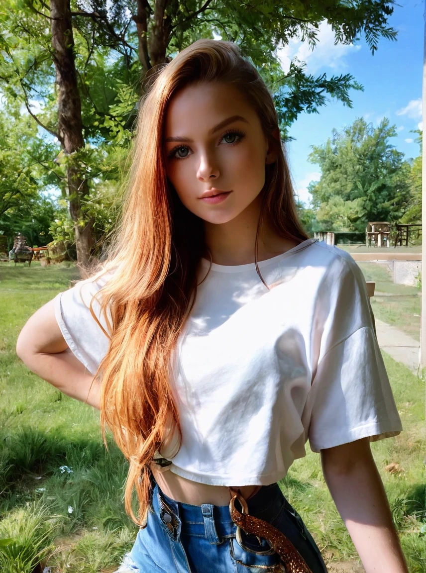 Beautiful redhair girl,real realistic wearing a skirt and a shirt 