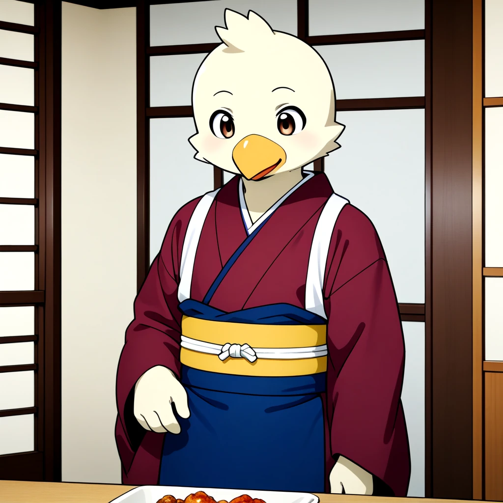 <lora:okamisty_SDXL_v2:0.5>, furry man, solo, sash code, tasuki, white_tasuki, maroon_kimono, indigo blue_apron, indoors, aged_up, anime, chicken, hibachi